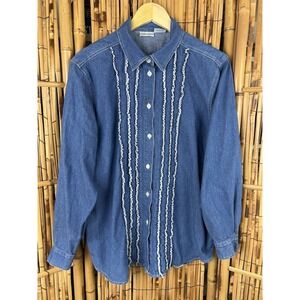 Cabin Creek Vintage Ruffle Denim Blue Long Sleeve Grandma Cottage Core‎ Large
